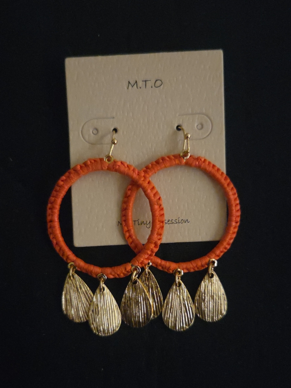 Coral Wrapped Hoop Earrings with Gold Teardrop Charms